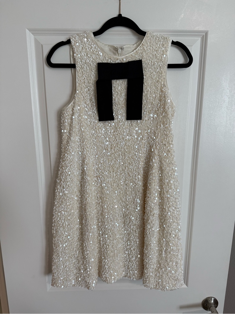 A Loves A Ivory Sequin A-Line Dress with Black Bow Accent